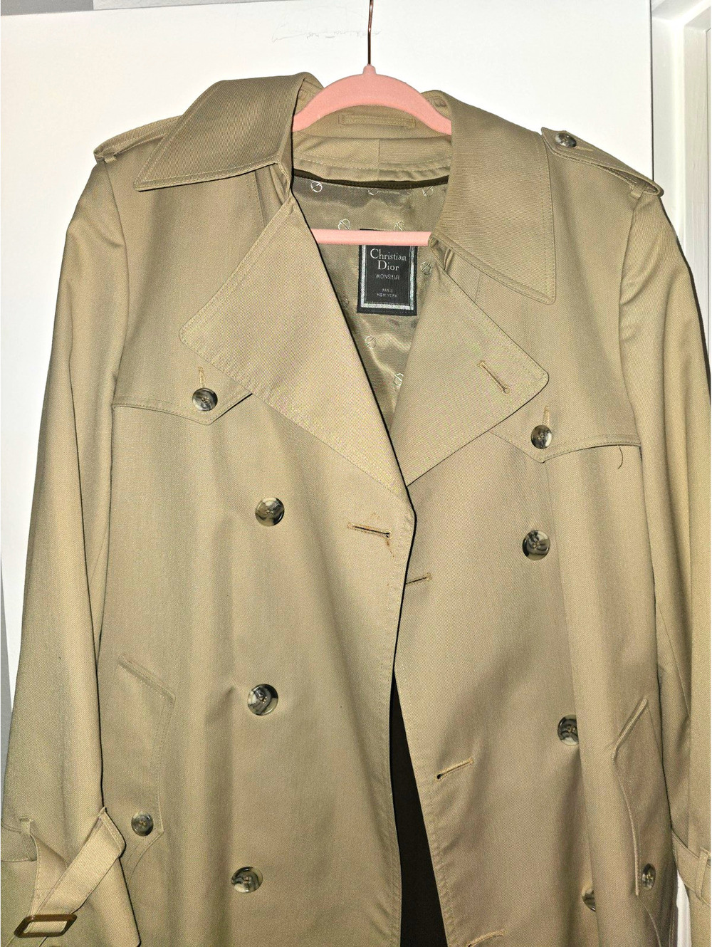 Vintage Christian Dior Monsieur Trench Coat 38R Wool Lined Belted Beige
